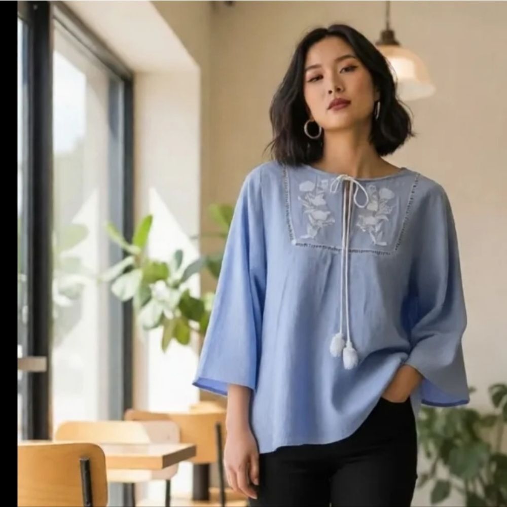 Eden & Olivia Embroidered Light Blue Top